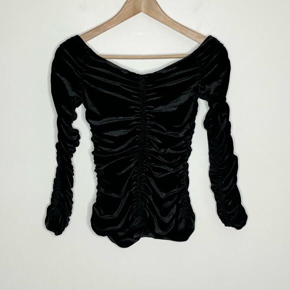 Zara Womens Velvet Off The Shoulder Ruched Pullover Top XS Black Gathered Goth - Picture 10 of 11